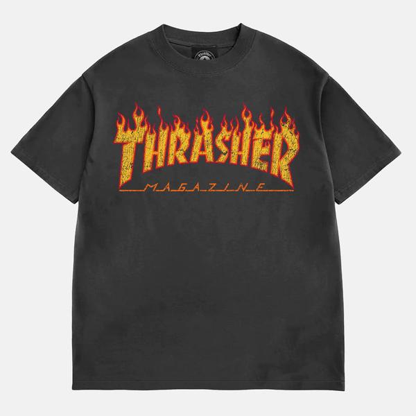 Magazine Vintage Flame Logo T-Shirt Black Enzyme Wash